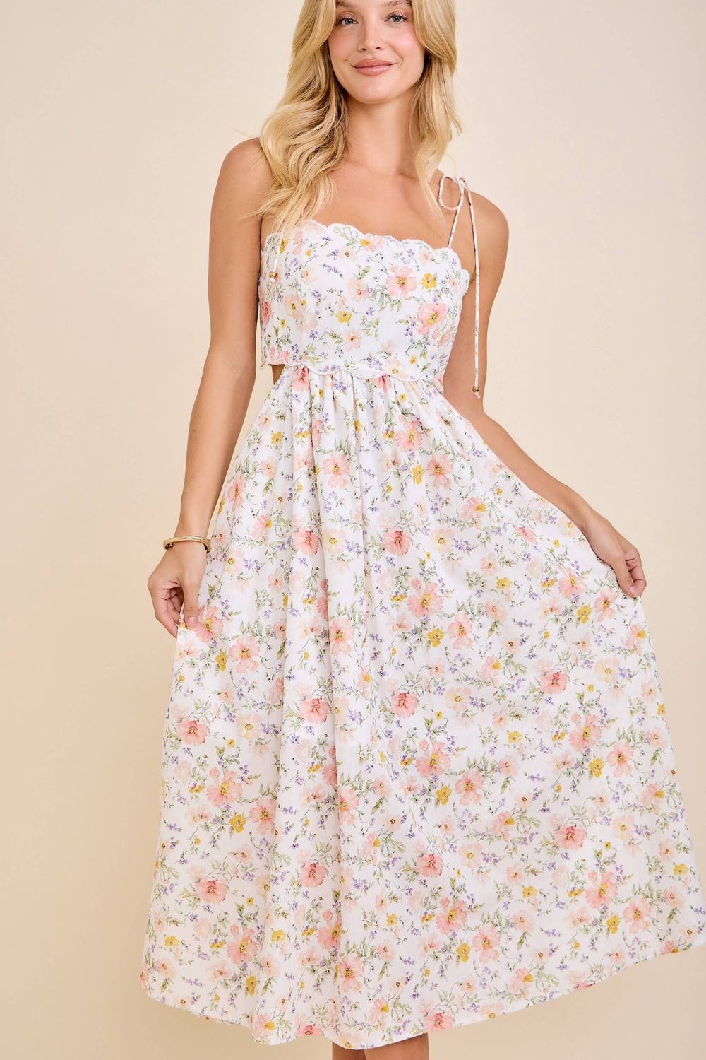 Scallop Edge Tie Shoulder Floral Midi Dress, Color: WHITE MULTI FLORAL, Size: L