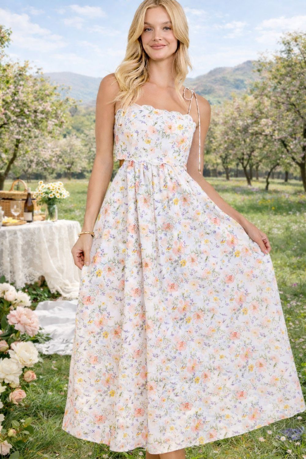 Scallop Edge Tie Shoulder Floral Midi Dress