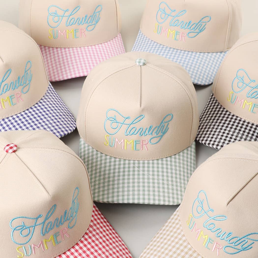 Howdy Summer Embroidered Gingham Brim Trucker Hat