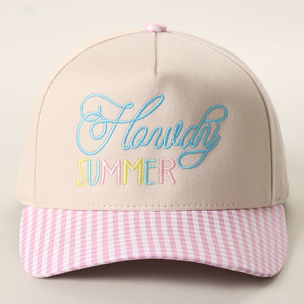 Howdy Summer Embroidered Gingham Brim Trucker Hat, Color: PINK, Size: ONE SIZE