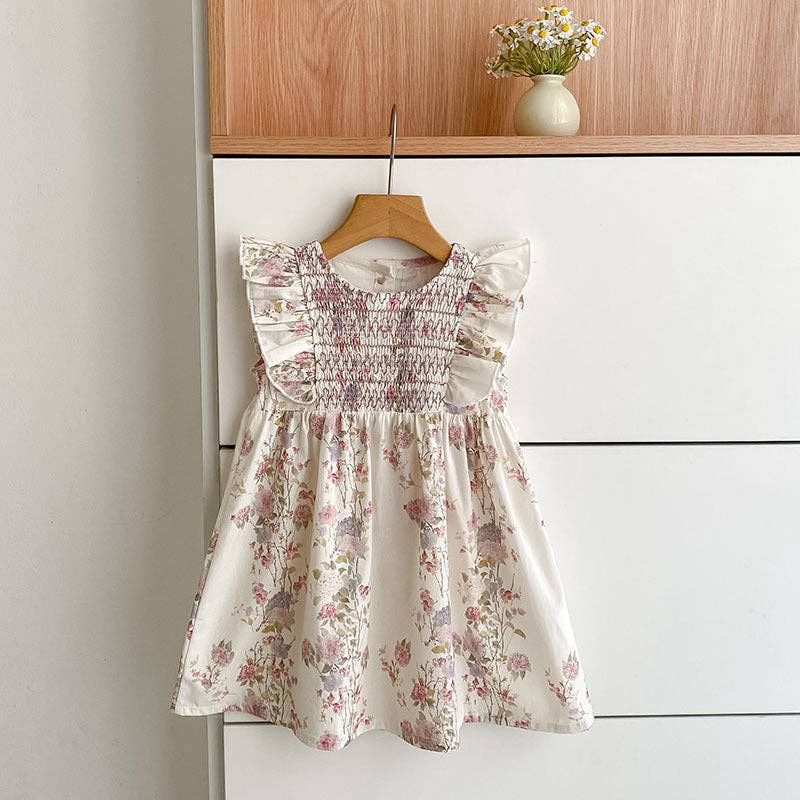 Floral Girls Dress Smocked Ruffle Sleeve