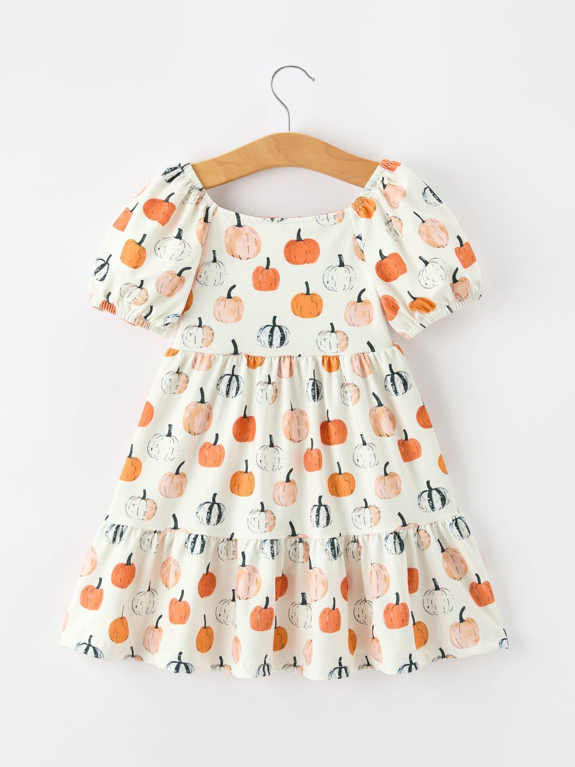 Fall Pumpkin Puff Sleeve Girls Dress