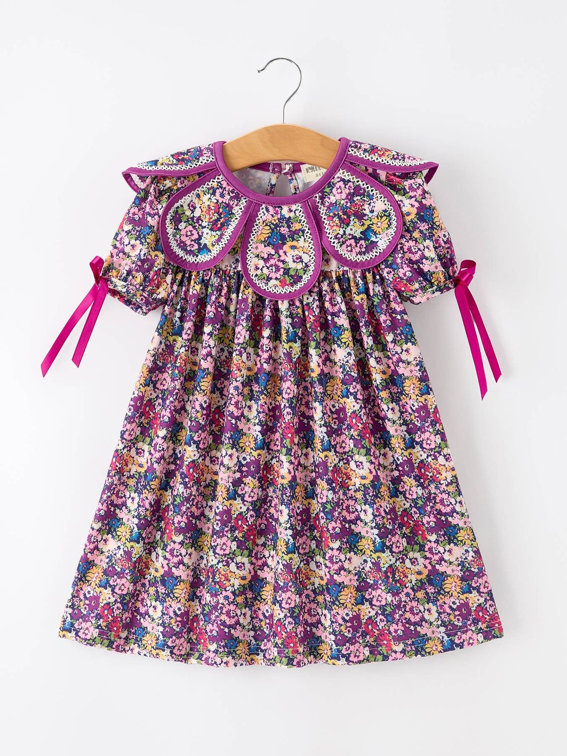 Purple Floral Bow Petals Collar Girls Dress