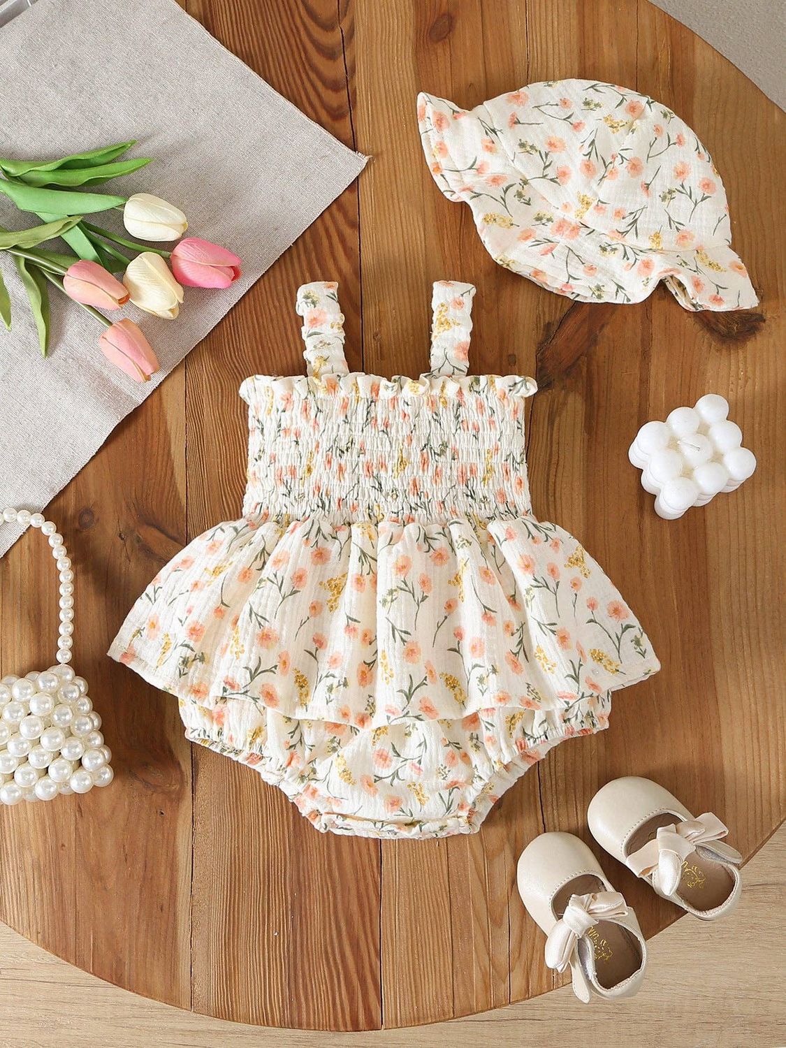 Ditsy Floral Smocked Baby Girl Romper Set Hat