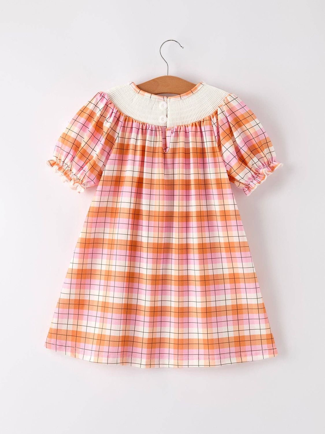 Halloween Pumpkin Bow Ghost Smock Embroidered Plaid Girls Dress