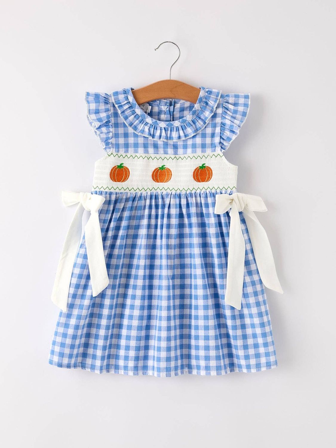 Fall Blue Pumpkin Smock Embroidery Baby Girl Dress