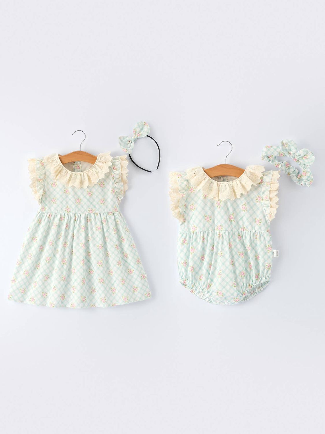 Plaid Floral Baby Girls' Romper and Short Sleeve Dress Matching Headband
