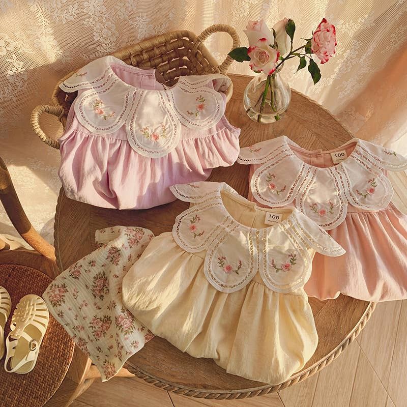 Girls Embroidered Collar Puff Sleeve Princess Dress