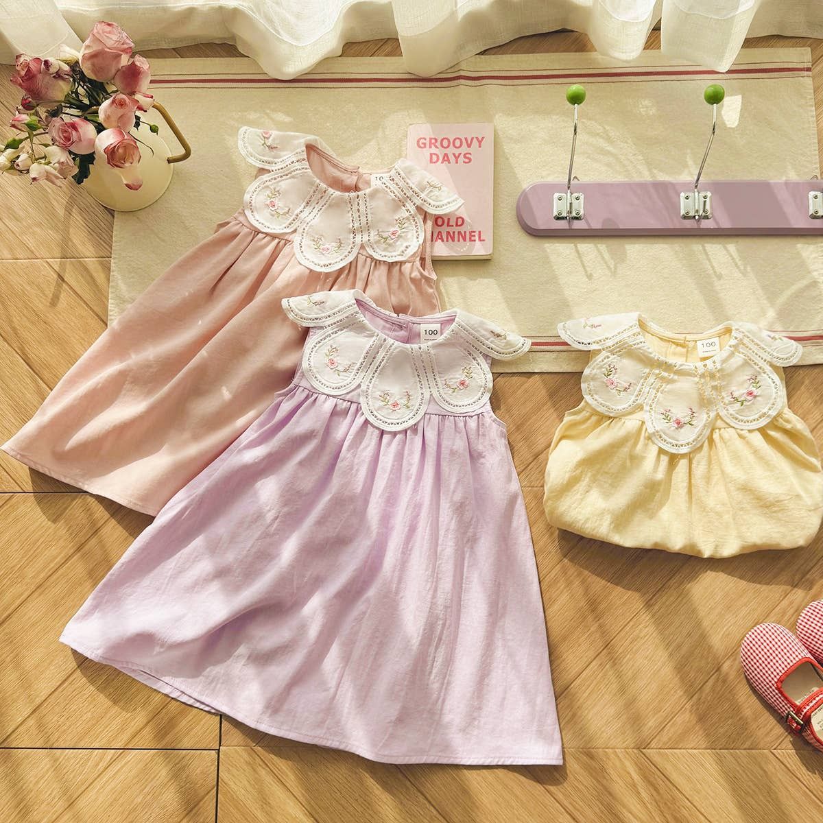 Girls Embroidered Collar Puff Sleeve Princess Dress