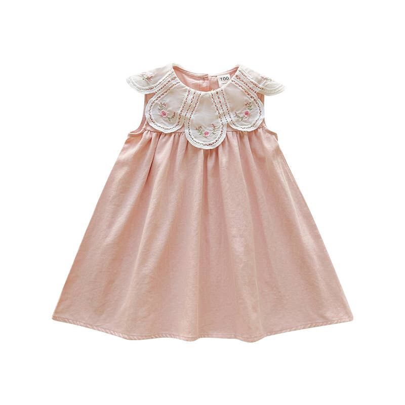 Girls Embroidered Collar Puff Sleeve Princess Dress, Color: Pink, Size: 4