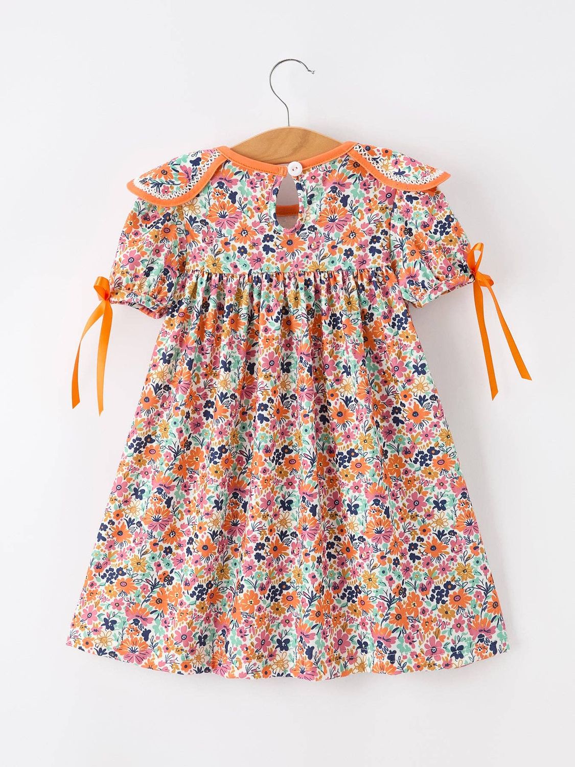 Orange Floral Bow Petals Collar Girls Dress