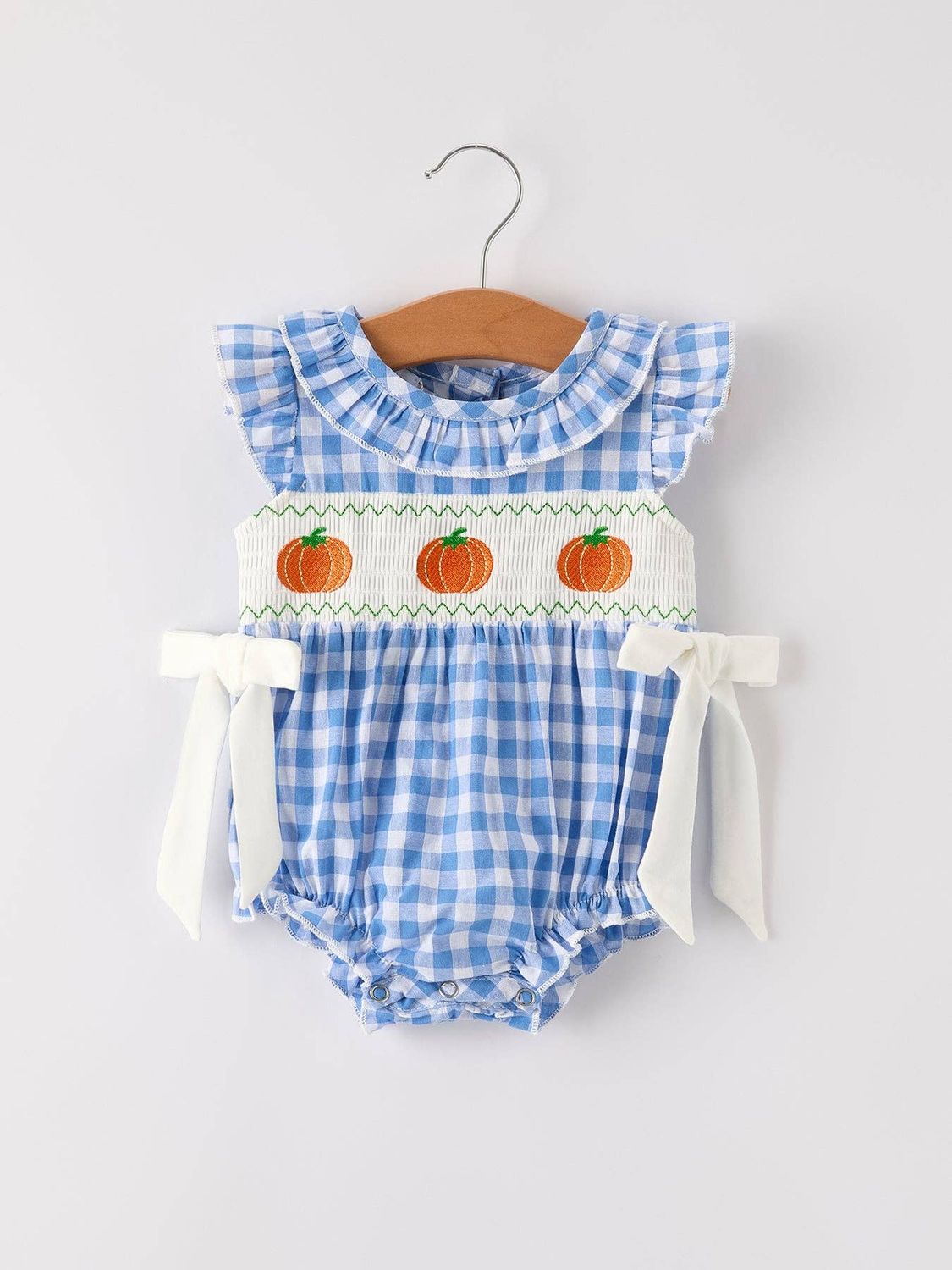 Fall Blue Pumpkin Smock Embroidery Baby Girl Romper