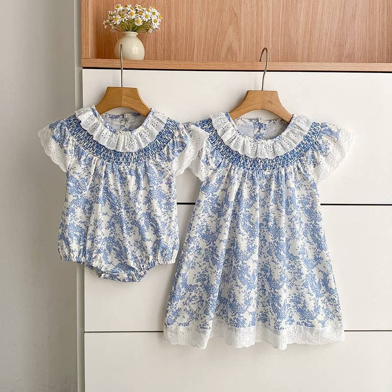 Blue Floral Smocked Matching Set Baby Romper/Dress