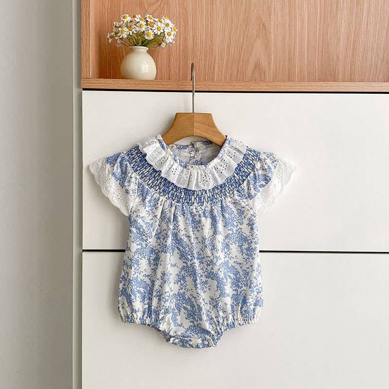 Blue Floral Smocked Matching Set Baby Romper/Dress, Size: 24M, Style: Romper