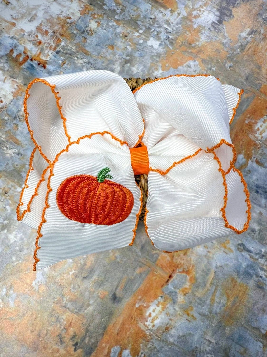 Pumpkin Embroidered Moonstitch Hair Bow | Clip or Headband