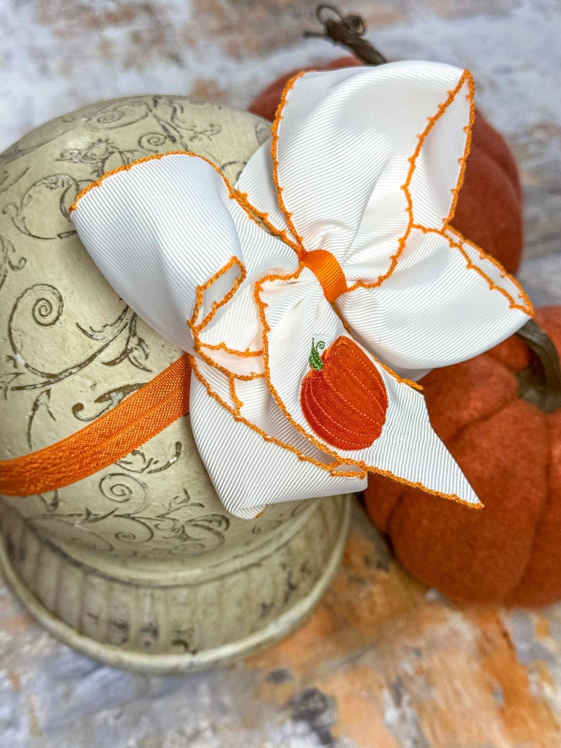 Pumpkin Embroidered Moonstitch Hair Bow | Clip or Headband, Style: Headband