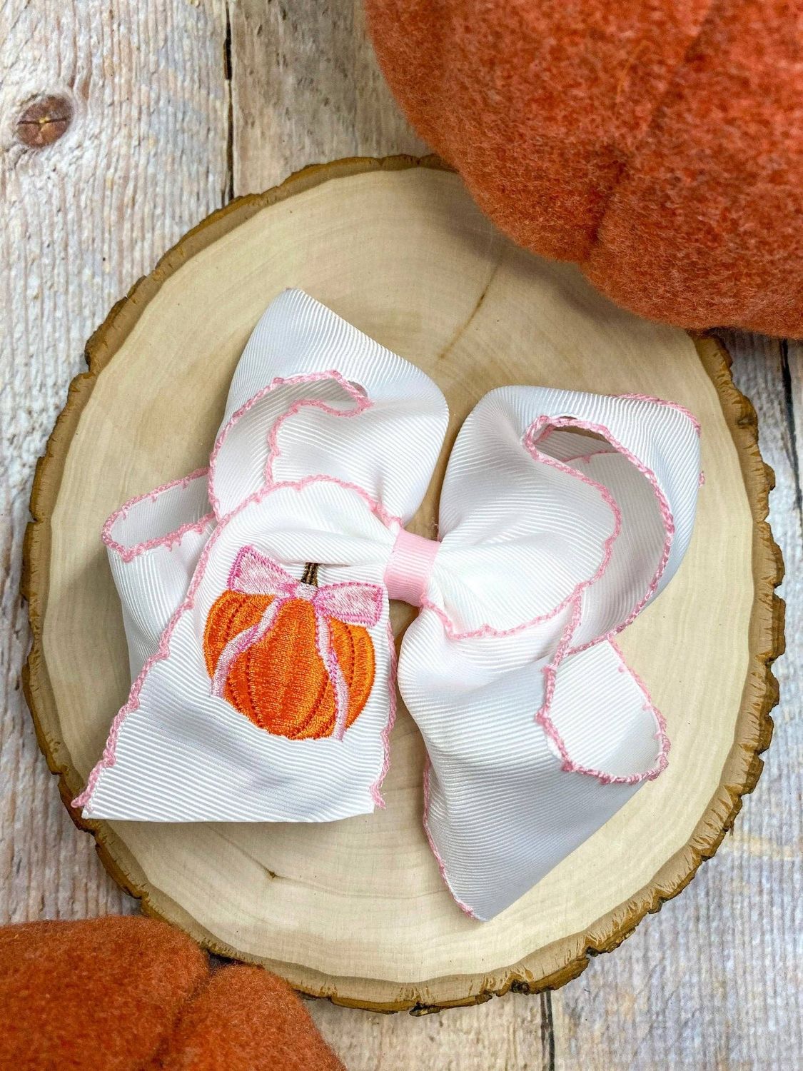 Coquette Pumpkin Embroidered Moonstitch Hair Bow | Clip or Headband, Style: Clip