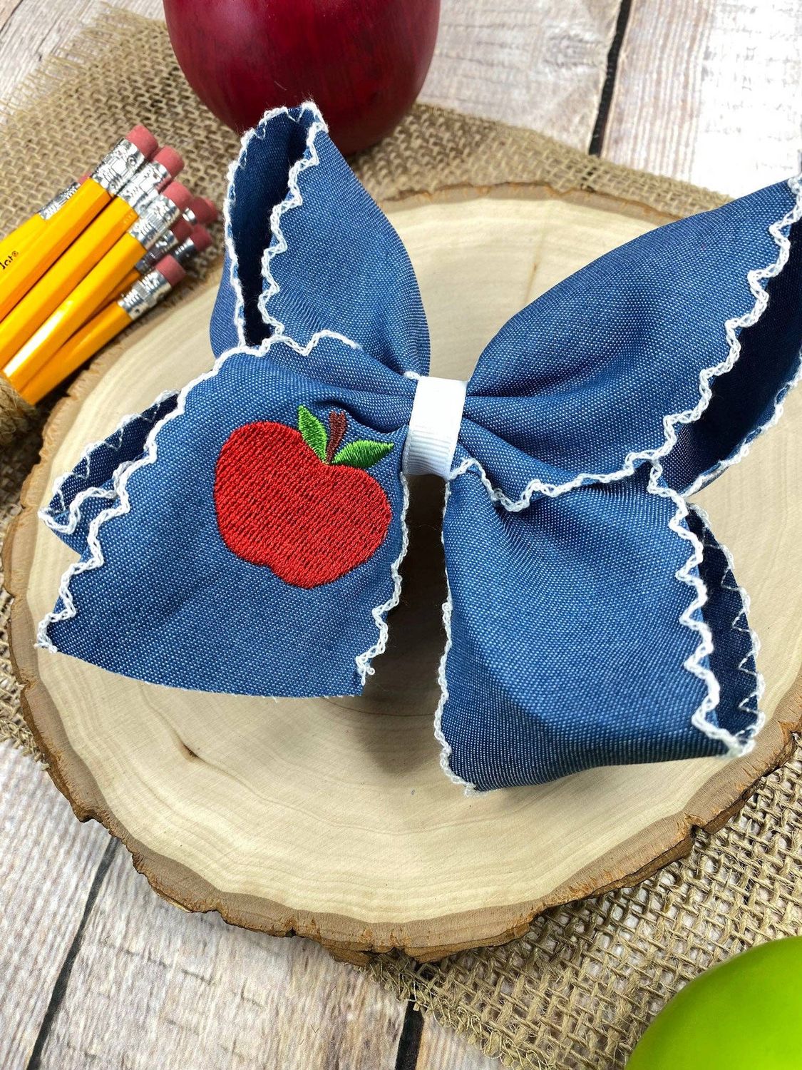 Denim Apple Embroidered Moonstitch Hair Bow | Clip or Headband, Style: Hair Bow on Clip