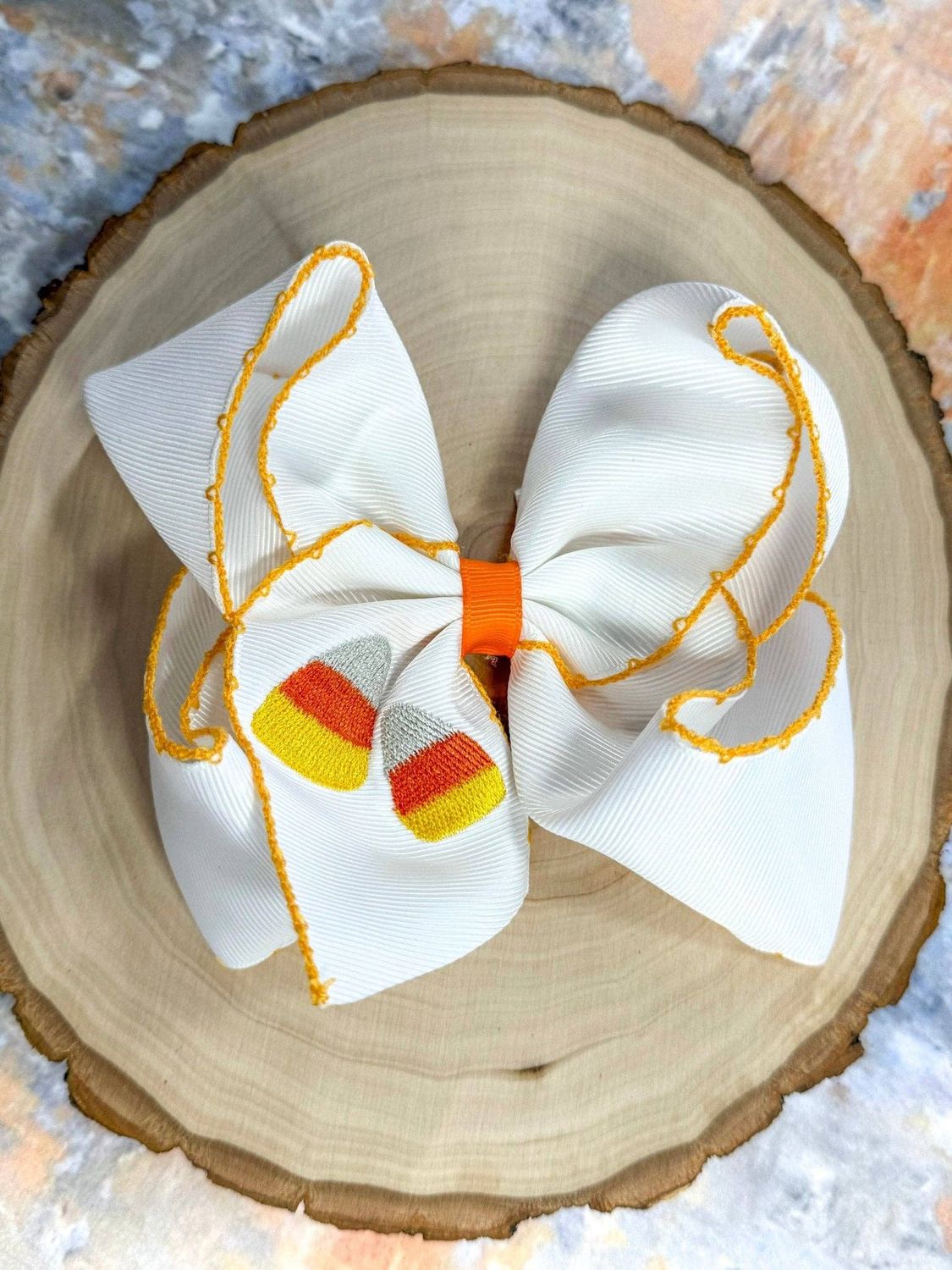 Candy Corn Embroidered Moonstitch Hair Bow | Clip or Headband, Style: Clip