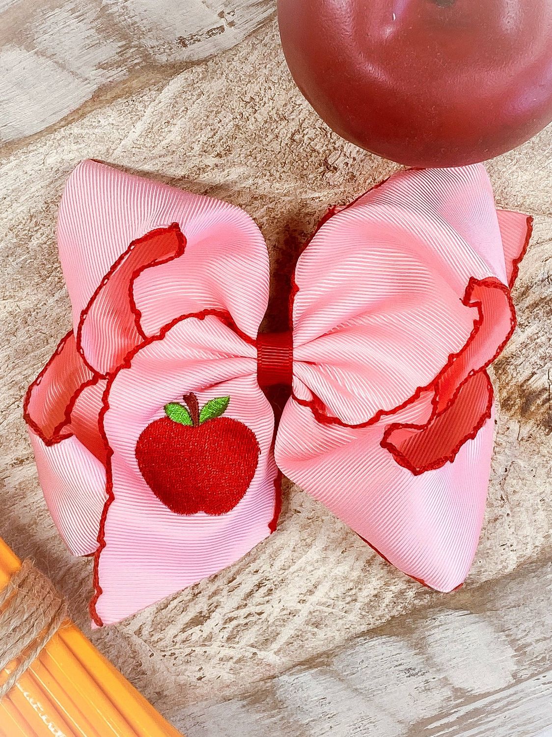 Pink Apple Embroidered Moonstitch Hair Bow | Clip or Headband, Style: Clip