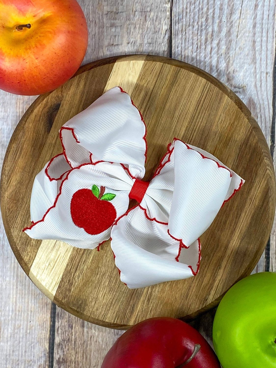 White Apple Embroidered Moonstitch Hair Bow | Clip or Headband, Style: Clip
