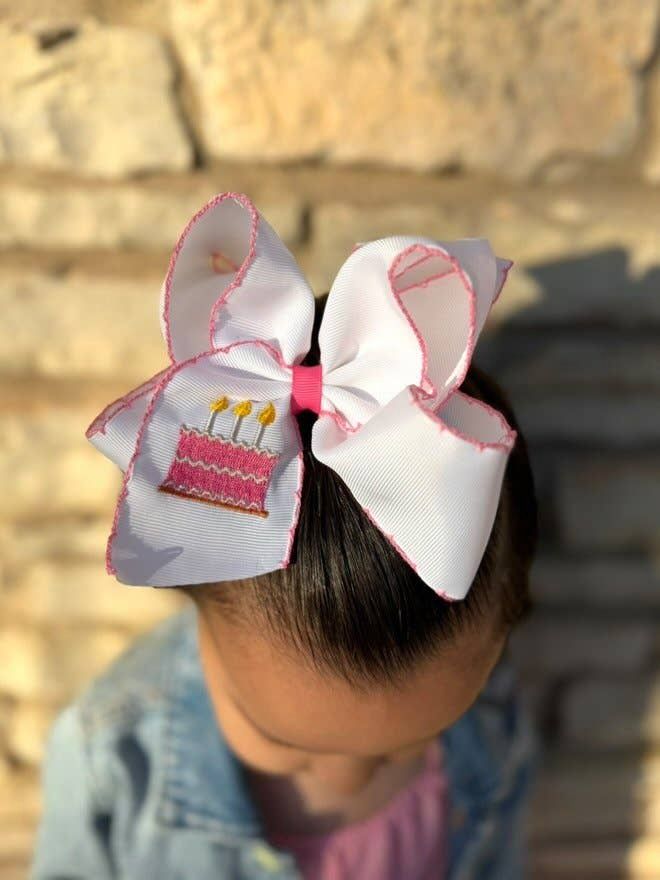 Birthday Cake Embroidered Moonstitch Hair Bow | Clip or Headband, Style: Clip