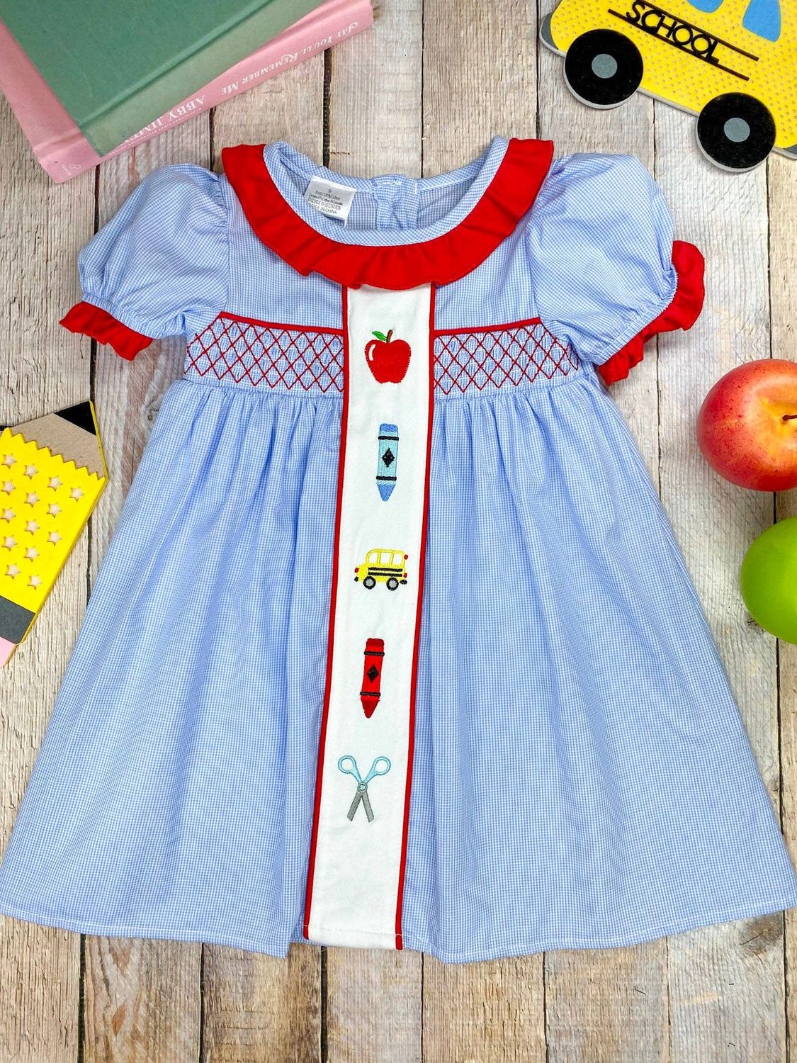 School Supplies Embroidery Red Collared Dress, Size: 10y