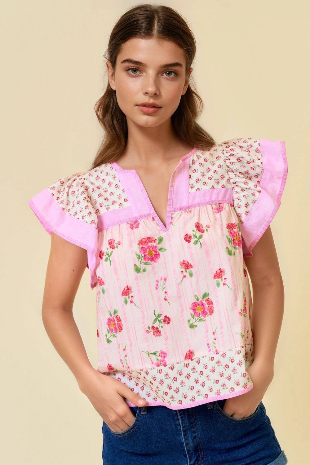 MIXED PRINT FLUTTER SLEEVE TOP - 45538T