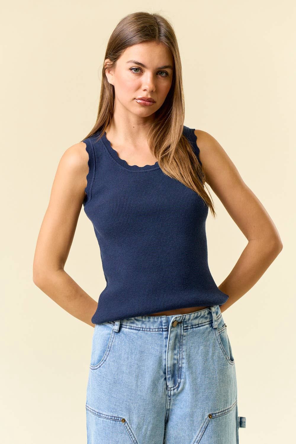 Scalloped Scoop Neck Sleeveless Knit Sweater Top -T