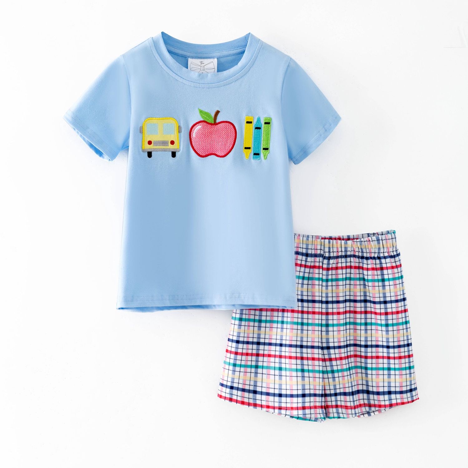 School Days Appliqué Tee &amp; Plaid Shorts Set | Boys Back to School Outfit, Size: 8y