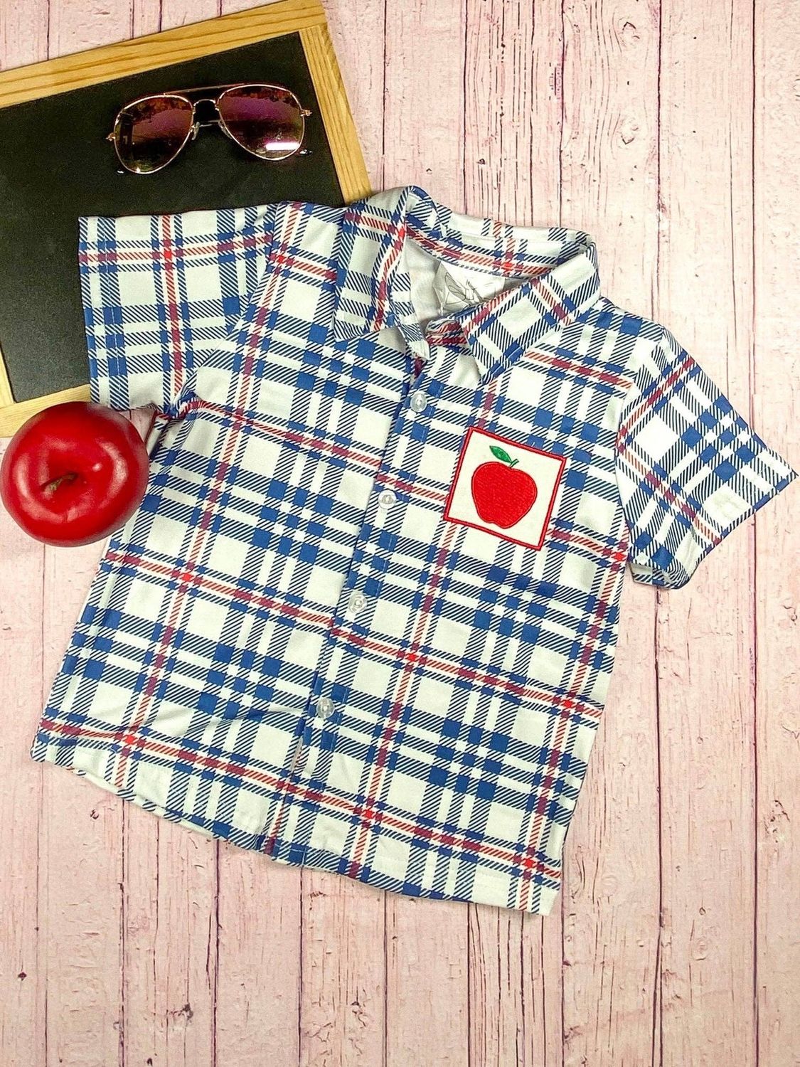 Apple Embroidered Plaid Boy's Collared Top, Size: 4T