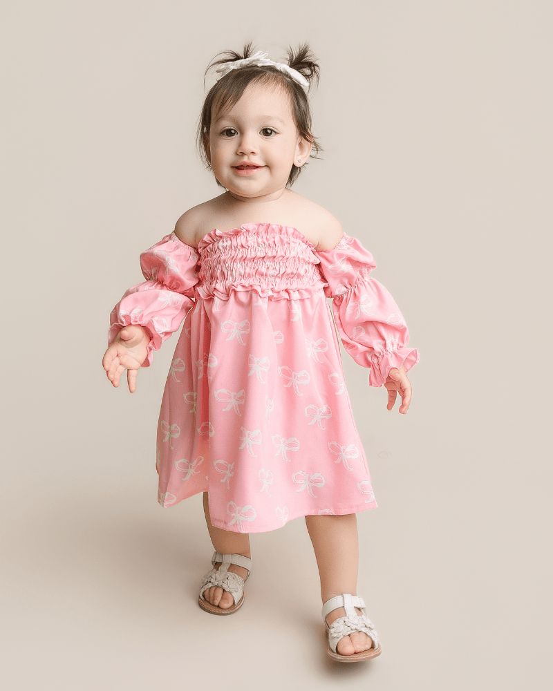 Calliope Puff Sleeve Off Shoulder Dress - Pink Bows