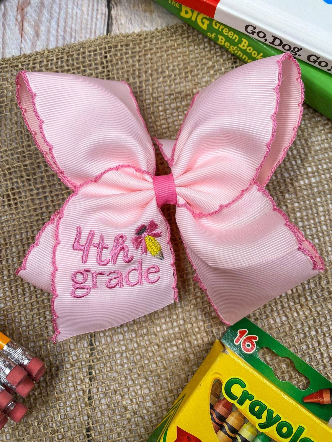 School Grade Embroidered Pencil Moonstitch Bow | Pre-K to 5th Grade, Grade: 4th Grade