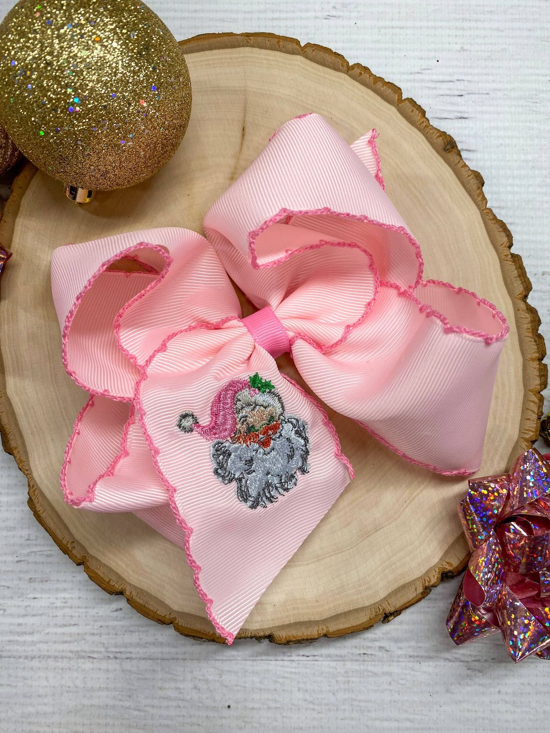 Pink Santa Embroidered Hair Bow, Style: Clip