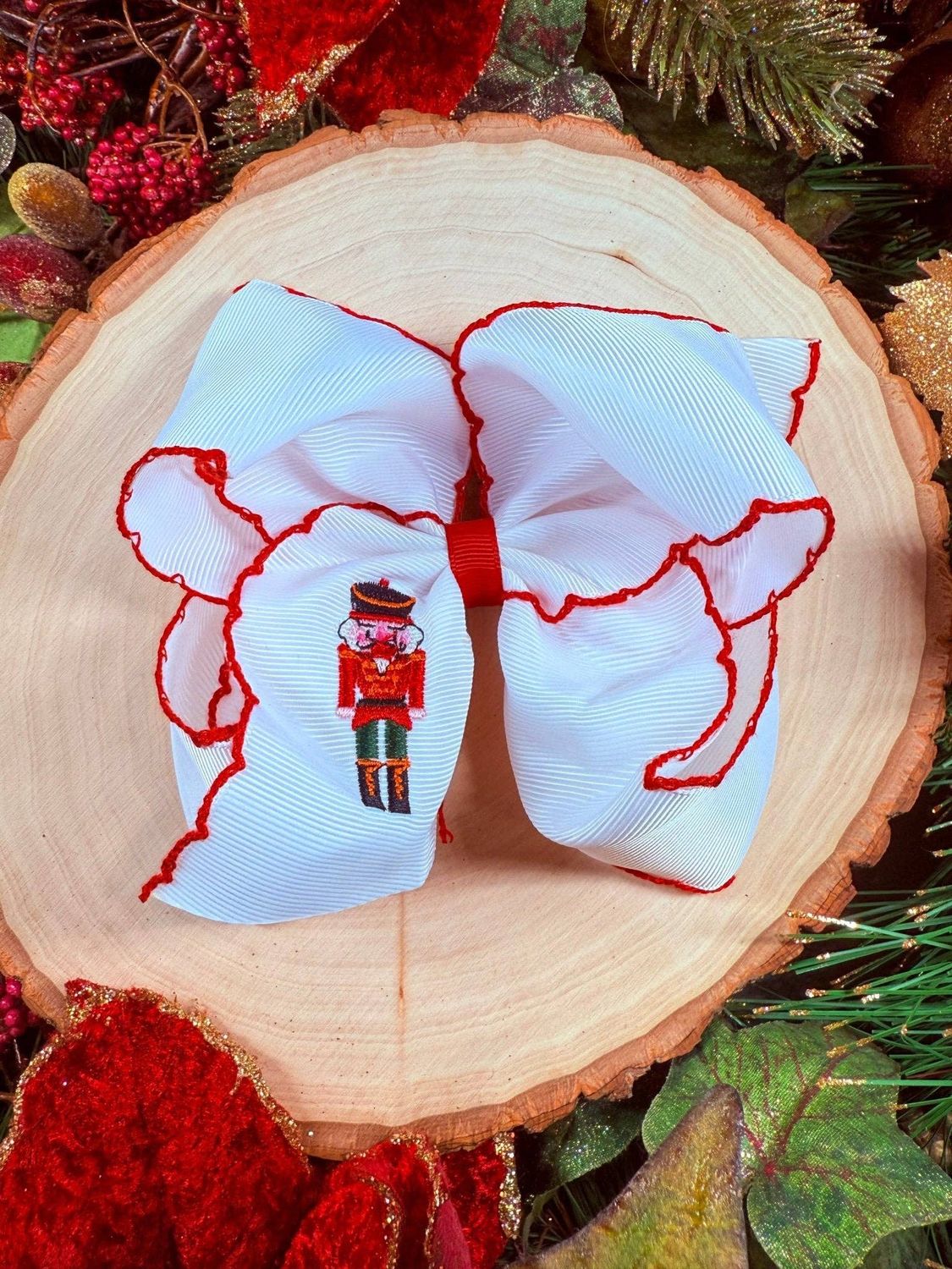 Nutcracker Embroidered Moonstitch Hair Bow, Style: Clip