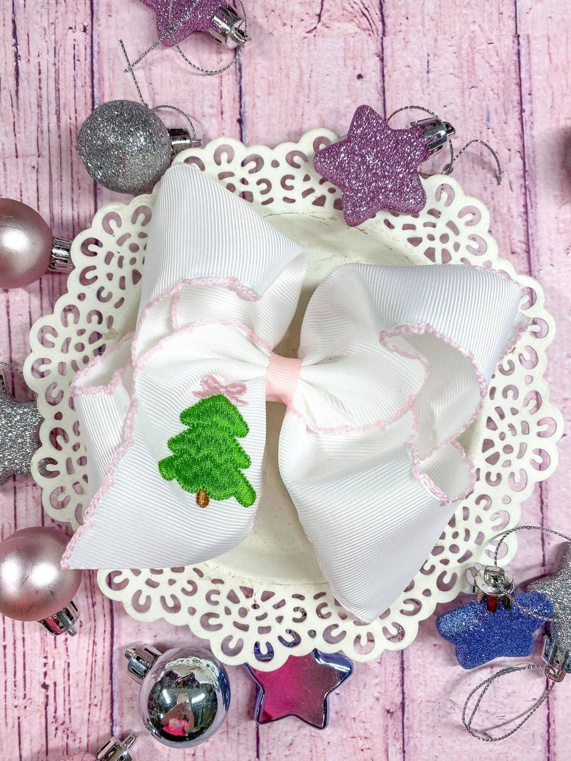 Pink Christmas Tree Embroidered Hair Bow