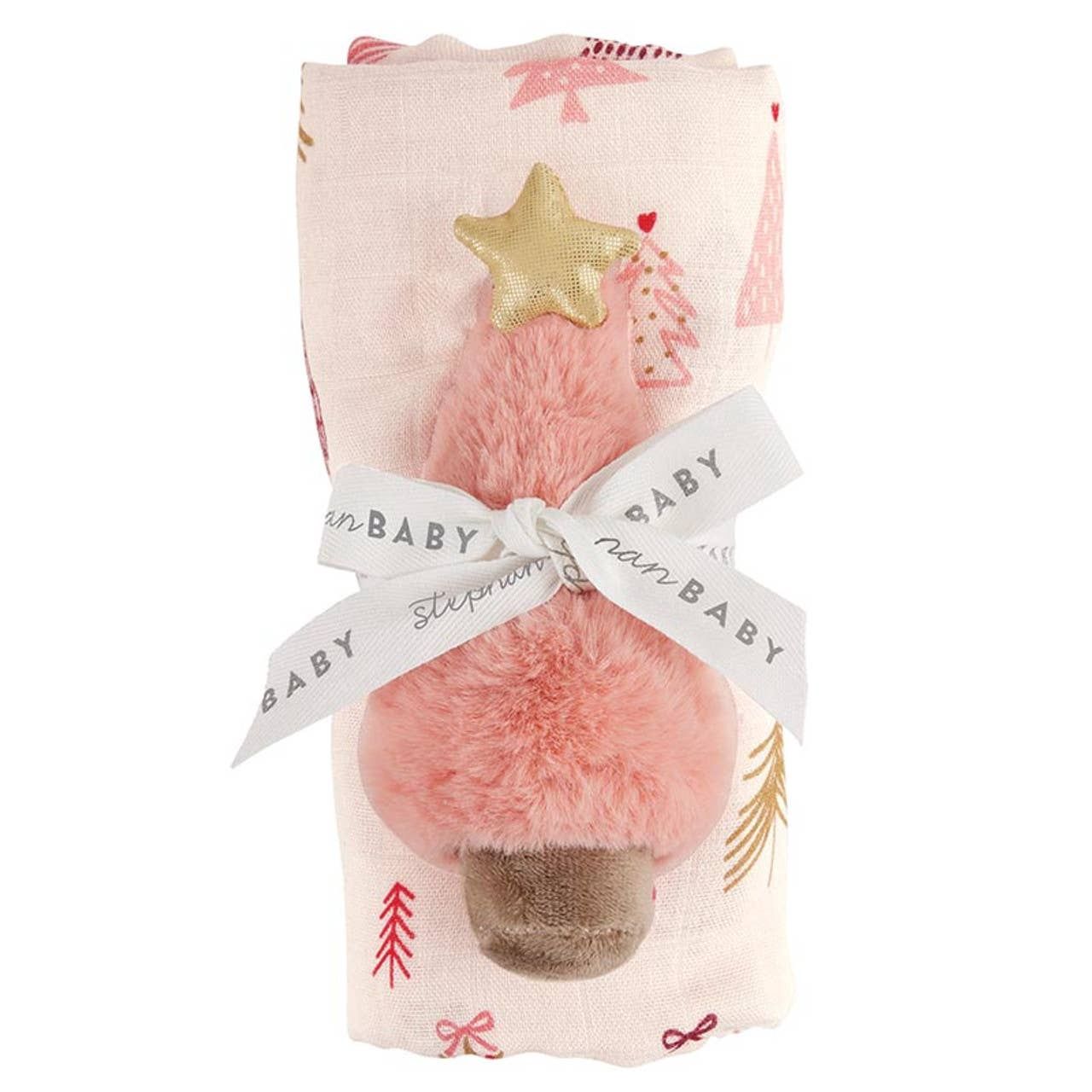 Swaddles with Plush Rattle - Pink Tree, Care Instructions: Machine Wash Cold. Tumble Dry Low, Material: 70% Bamboo 30% Cotton, Plush