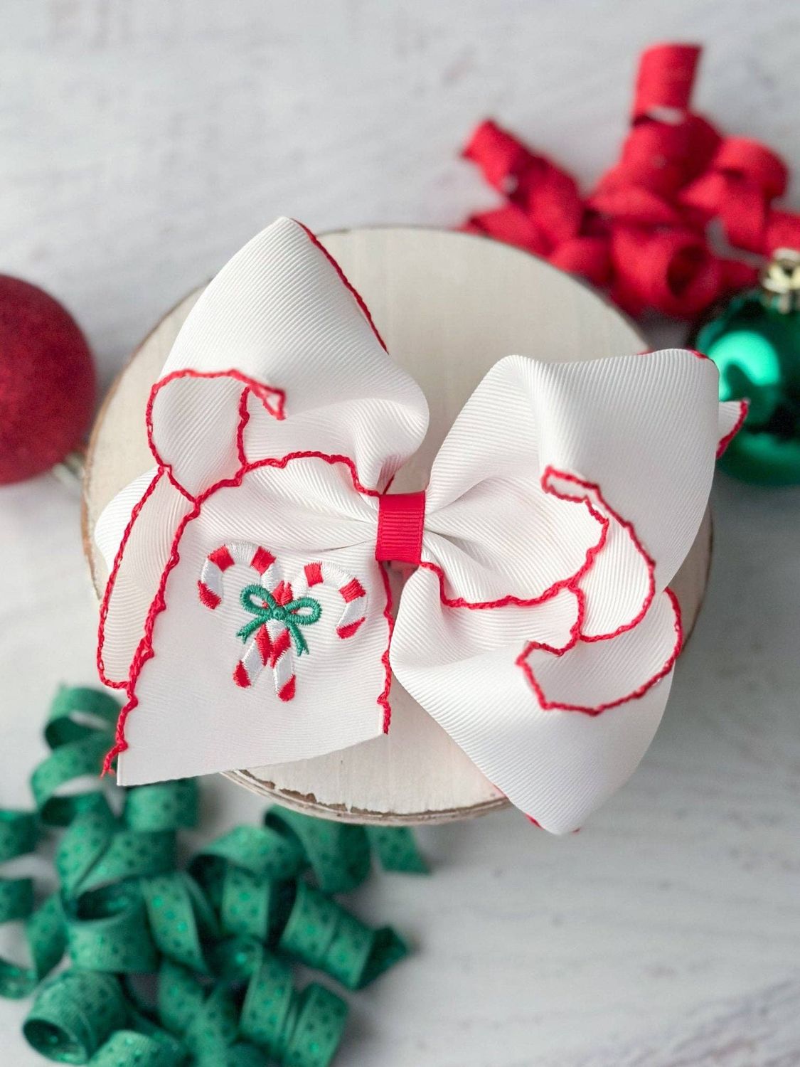 Candy Cane Embroidered Hair Bow | Clip, Style: Clip