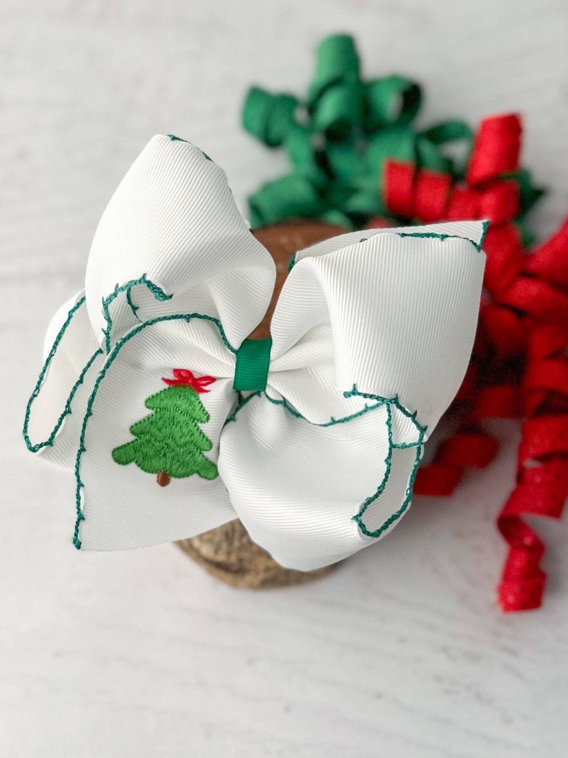 Christmas Tree Embroidered Hair Bow, Style: Clip