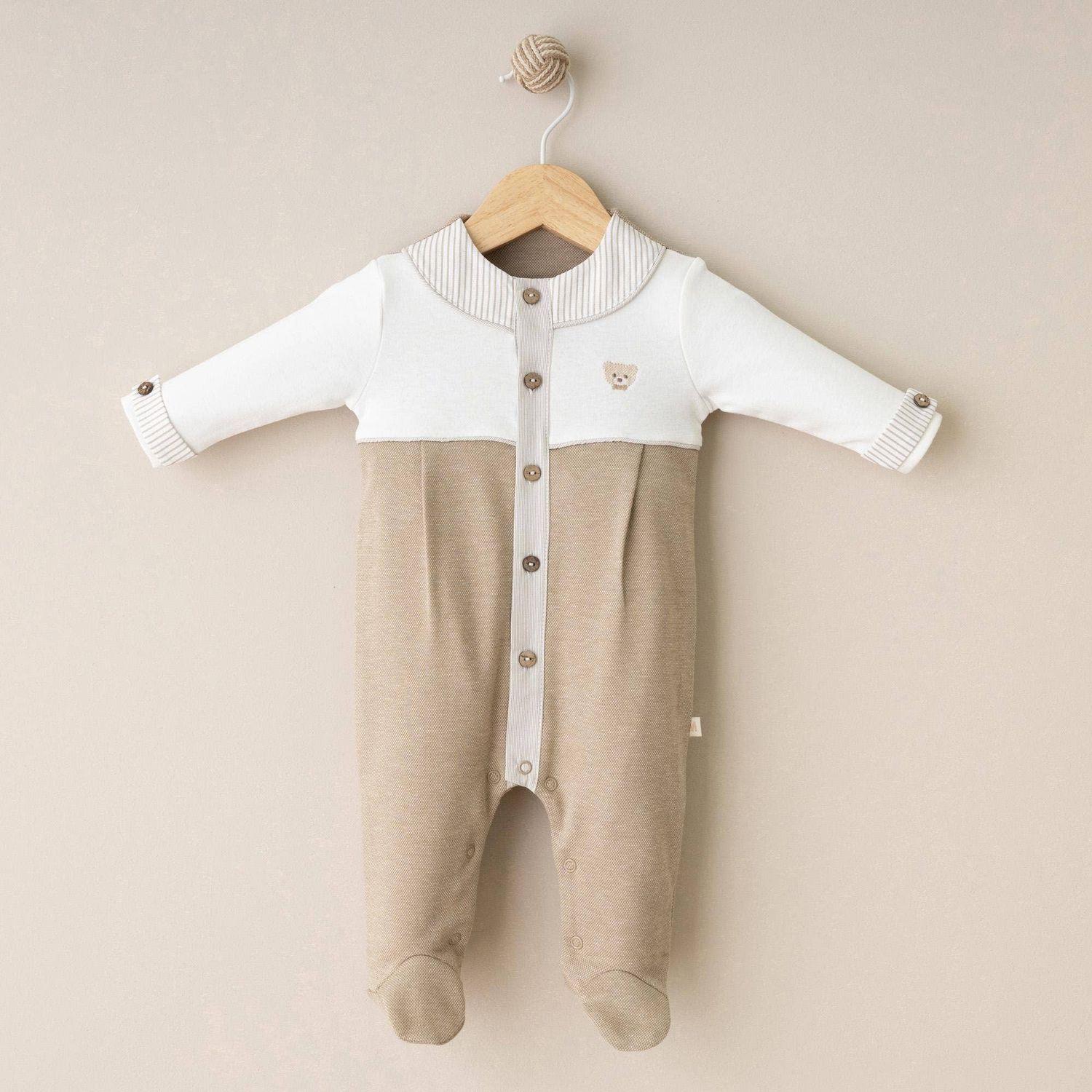 Baby Boy One Piece Cotton Outfit with Bear Beige White