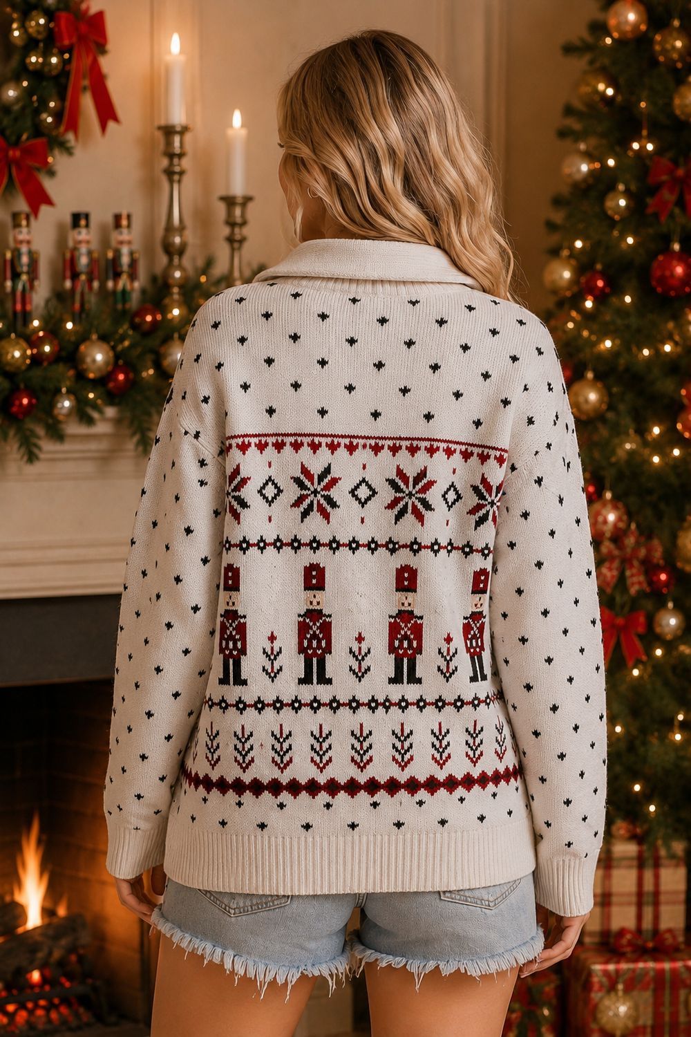 Nutcracker Zip-Up Knit Cardigan Sweater