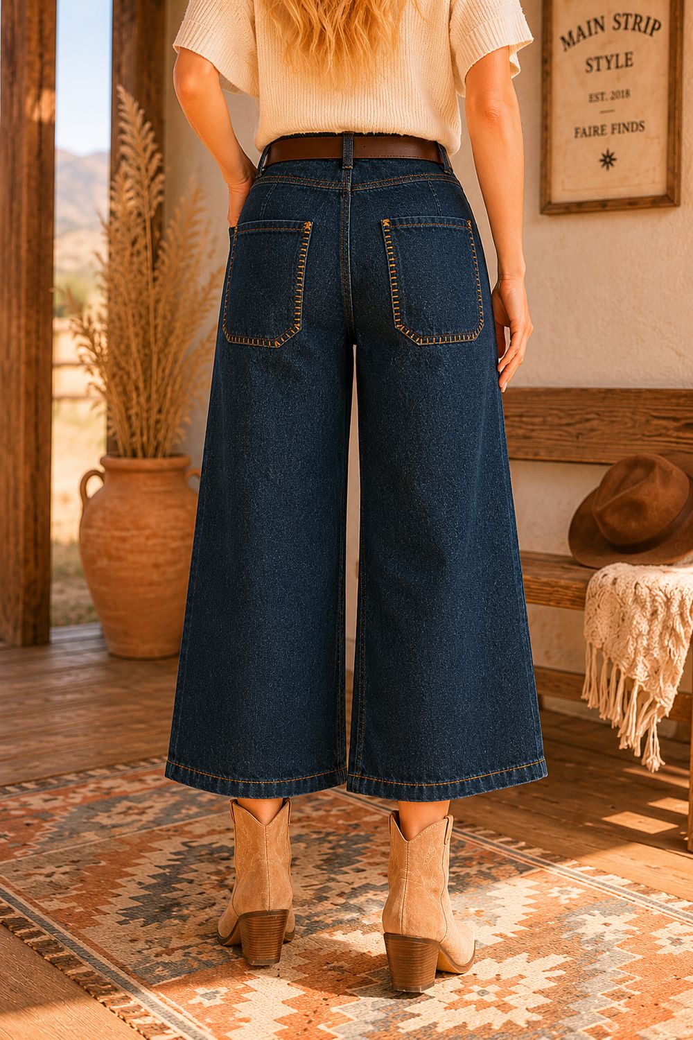 Western Stitch Wide Leg Denim Pants, Color: INDIGO DENIM, Size: S