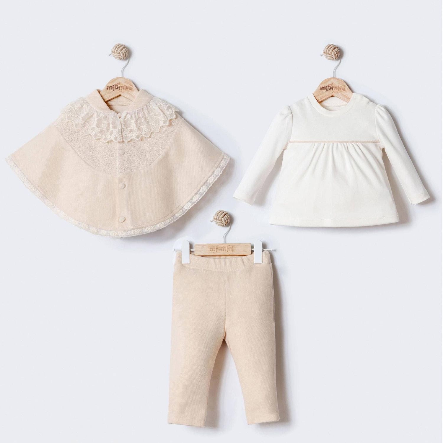 Cream Cotton 3 piece Baby Outfit: Coat, Shirt and Pants Set for Girls