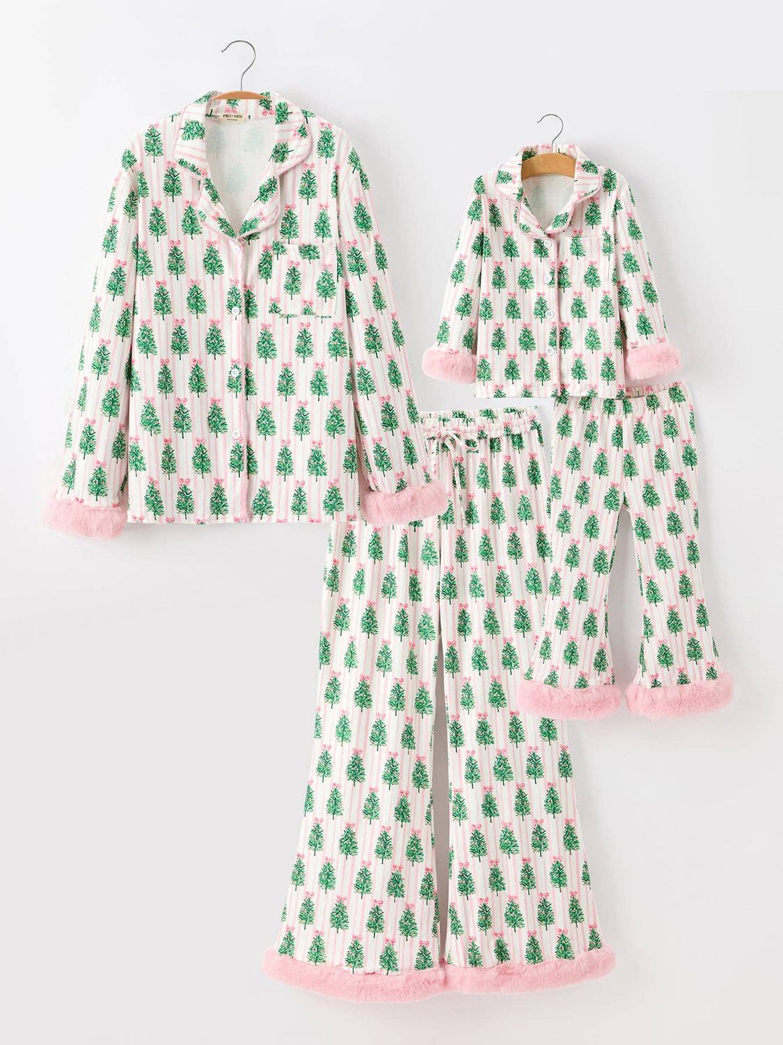 Mommy and Me Christmas Tree Print Pajama Set with Faux Fur Trim