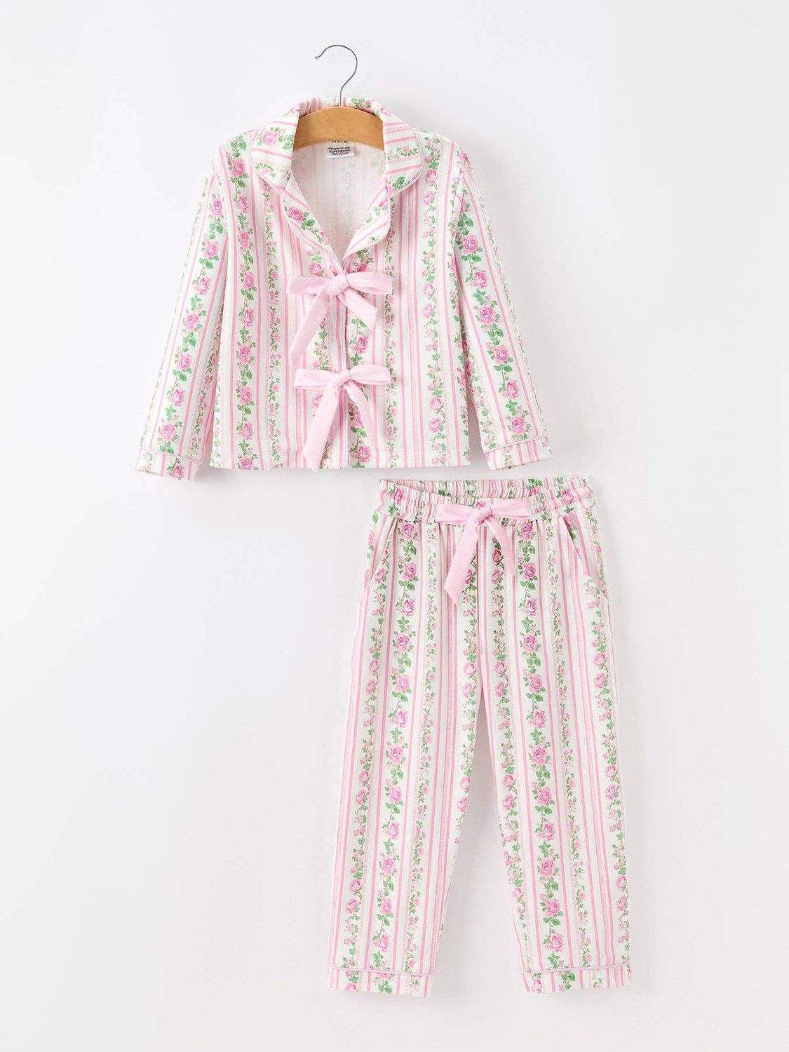 Pink Floral Girls Pajama Set Bow Tie Top Long Pants Sleepwear