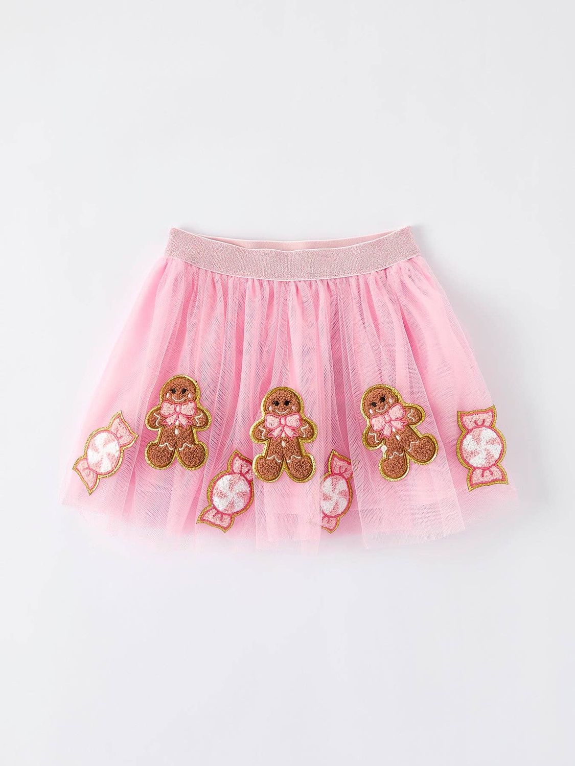 Girls Christmas Tutu Skirt – Pink Mesh with Gingerbread &amp; Candy Applique