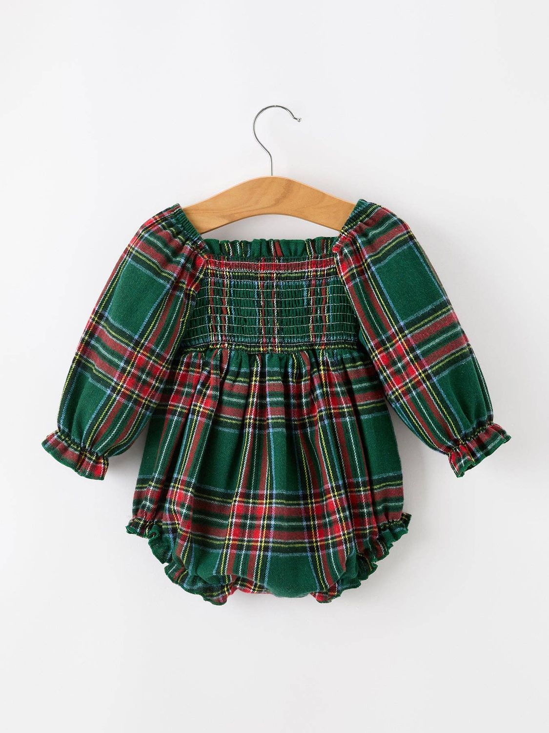 Christmas Plaid Smocked Baby Girl Bubble Romper Ruffle Detail