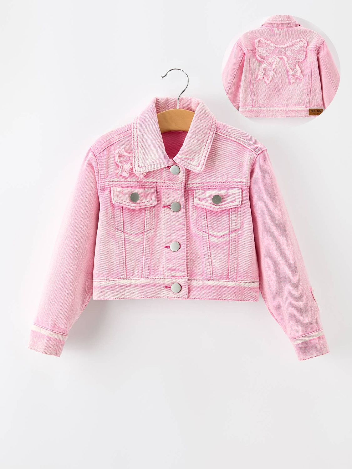 Girls Pink Denim Jacket with Lace Bow Back
