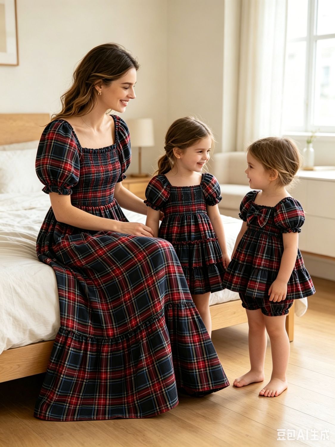 Mommy &amp; Me Christmas Plaid Dresses &amp; Baby Bloomer Set
