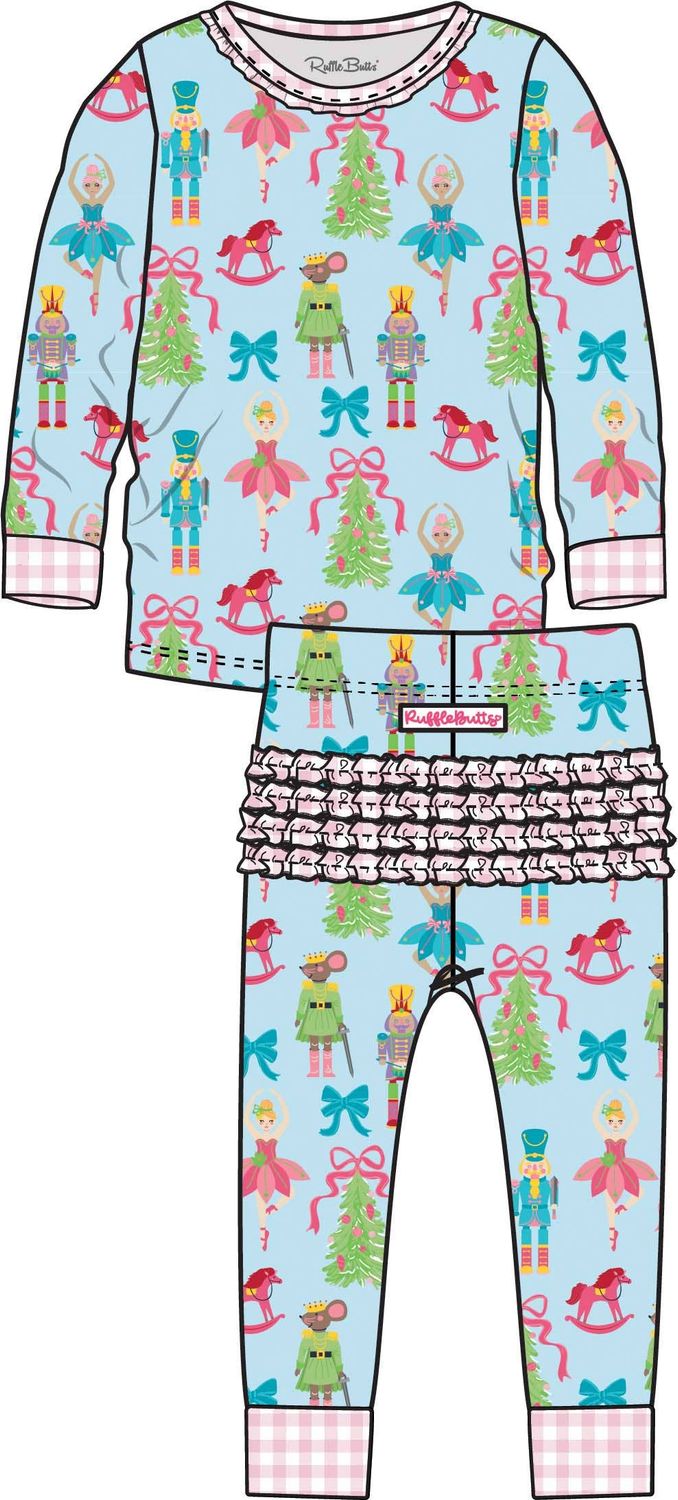 Toddler Girls Bamboo Viscose Nutcracker Christmas Wishes Ruffle Long Sleeve Pajama Set with Signature Rear Ruffles, Color: Blue, Size: 18-24m
